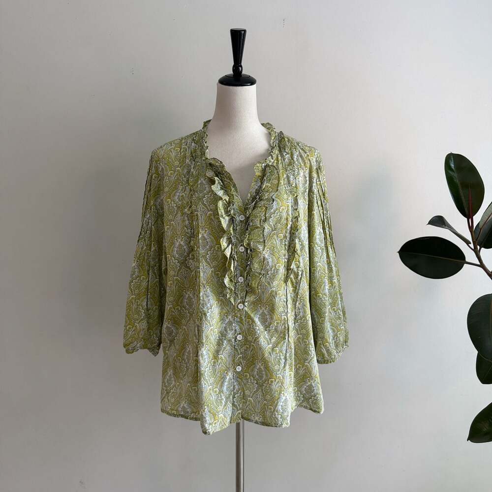 Talbots Woman Green Paisley Print Ruffle V-Neck Cotton Blouse Size 18W